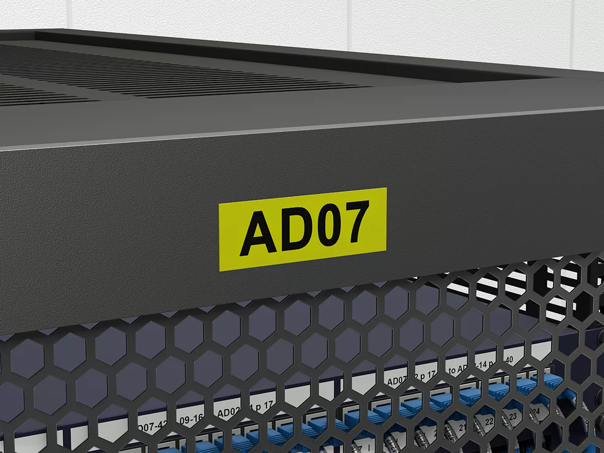 Network rack ID with black on yellow strong adhesive label