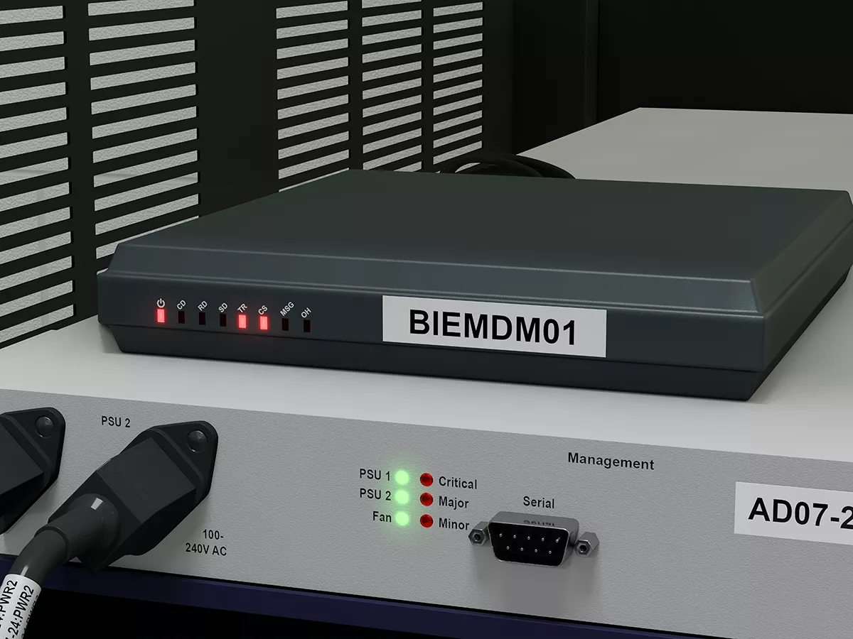Backup modem in network rack identified with black on white strong adhesive label